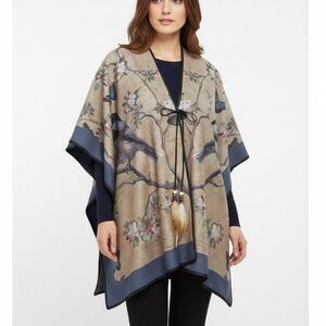 Reversible Bird Print Poncho Blue Feather Tie Wrap Shawl Cape
